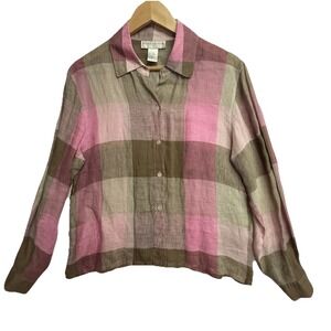 Doncaster 100% Linen Blouse Womens 6 Pink Tan Plaid Button Up Lightweight